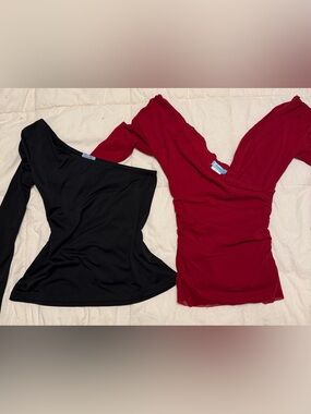 Two Y2K tops Anette Black One-Shoulder Top & Marciano Red wrap neckline Top
